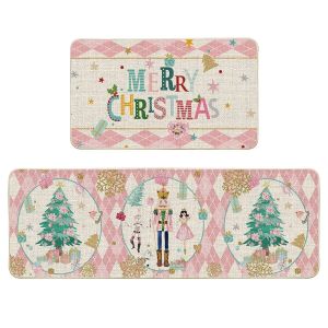 VIKAMA 2pcs Christmas Kitchen Rug - Nutcracker Christmas Happy Mat - Slip-Resistant And Easy To Clean - Home Decoration