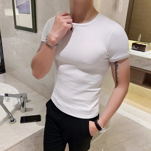 Summer Short Sleeve Mens Elastic T-Shirt Slim Fit Solid Color Base Shirt round Neck Sport Half Sleeve Top Youth Fashion Trend