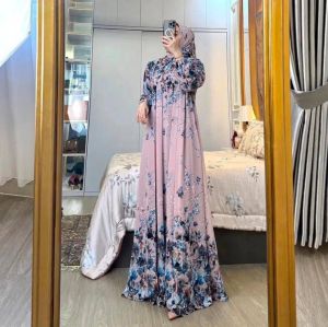 Gamis Set Hijab Alika Busui Resleting Rayon Diamond Motif bunga Dress Wanita terbaru