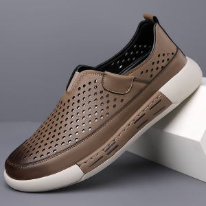Mens Summer Casual Slip-On Sandals Breathable Leather Hollow out Comfortable Anti-Slip Fashionable Flat Heel round Toe Shoes