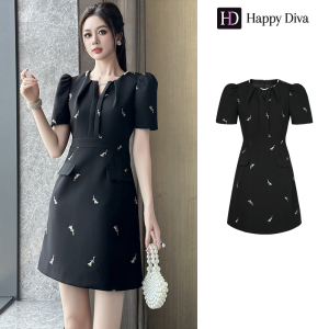 Happy Diva ชุดผู้หญิงชุดสีดําชุดพัฟชุด A-line ชุดลําลอง 65145