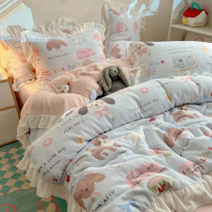 Cartoon Lace Winter Milk Velvet Bedding Set A-Class Double-Faced Fleece Bedding Cover Bed Skirt Bed Sheet 1.2m Bed Three-Piece Set