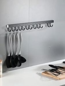 Kitchen Hook Rack Wall Mounted Shelf Pantry Tool Holder Black Sundry Hook Hanging Rod Shelf 40/60cm (Hook Removable)