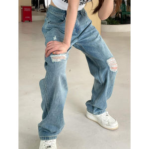 Blue Straight Leg Denim Jeans for Women with High Waist and Wide Legs Summer Thin Style Pear Shape Slimming Leggings