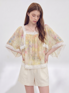 GULILI | French Dye Printed Lace-trimmed Boatneck Batwing Sleeve Blouse