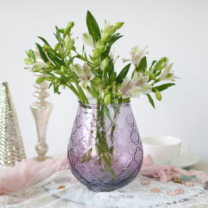 Nordic Purple Glass Flower Vase Retro Hibiscus Pattern Large Belly Small Fresh Girl Home Living Room Dining Table Decor Bottle