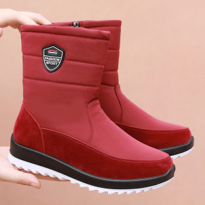 DTHN | Womens Winter Thickened Fleece Lined Snow Boots Waterproof Non Slip Warm Mid-Calf Cotton Shoes Casual Style Round Toe Zipper Closure