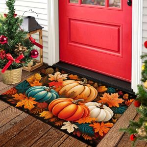 VIKAMA Autumn Pumpkin Maple Leaf Front Door Doormat Non Slip Indoor Outdoor Entrance Welcome Floor Mat Fall Holiday Home Decor