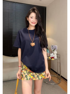 YUEZHONGWEI | Loose Fit Round Neck Short Sleeve T-Shirt Womens Summer Beautiful Unique Design Dark Blue Casual Top Korean Style Commute Fashion
