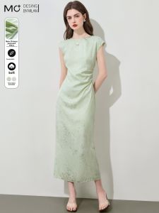 Mo | Elegant Summer New Style Chinese Round Neck Slim Fit Midi Dress Vinegar Acetate Improved Cheongsam Dress High Waist Slim Fit