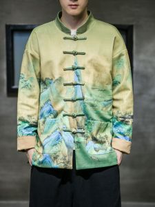 Loose Mens Spring Autumn Jacket Hanfu Tang Costume Buttoned Zhongshan Suit Thousand Miles of Mountains And Rivers Print Trendy