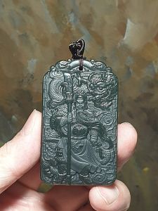 Premium natural deep greenish Nephrite double sides carvings Guan Gong Dragon Auspicious Clouds and in Ancient Chinese "Supremely Honourable & Righteous" pendant/handheld (with certificate) 和田玉塔青深绿双面雕刻关公、龙、祥云吊坠/手把(带证书)  ~~~ 义薄云天 保家卫国