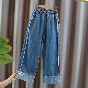 กางเกงยีนส์เด็กผู้หญิงทรงตรง ฤดูหนาว ฤดูใบไม้ผลิและฤดูใบไม้ร่วง กางเกงขายาวทรงขากว้าง กางเกงยีนส์ขอบขนนุ่มสำหรับเด็ก วัสดุอื่นๆ