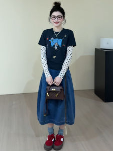 YUEZHONGWEI | Slimming Pseudotwopiece Dots-spliced Long Sleeve T-Shirt for Women