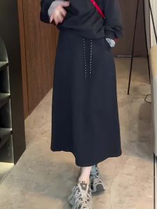 Black Minimalist Style Elastic Waist Belted Half Skirt Pure Color Casual Straight Cut Autumn Fashion Sportswear plus Size Womens Skirts