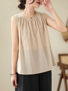 Ruched Design Solid Color Cotton and Linen Vest Plus Size Womens Clothing Lace-up Crew Neck Sleeveless Waistcoat Linen Inner Wear Summer New Arrival