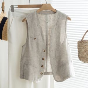 Linen V-neck Suit Jacket Womens Summer Shoulder Pad Cotton Linen Outerwear Stylish Vest Top Quality Fashionable Outer Layer