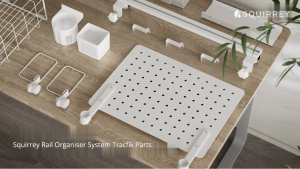 Squirrey Tracfik Modular Rail Organiser System  Custom Desk Storage Pegboards Baskets Hooks Multi-Purpose