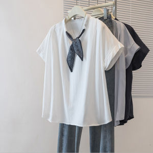 AIYITI | New Best-Selling Korean Style Scarf Neck Plus Size Hides Fat Blue Summer Shirt