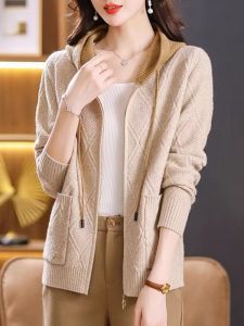 ใหม่ 100 ขนสัตว์ มีฮู้ด ซิป เสื้อสเวตเตอร์ถัก ผู้หญิง ทันสมัย เสื้อโค้ท หลวม แขนยาว คาร์ดิเกน ความยาวปกติ สไตล์การเดินทาง