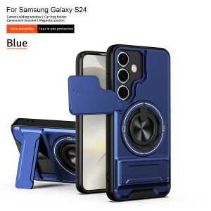 Armor Shockproof Phone Case For Galaxy S24 Ultra S24+ S24 FE Sliding Camera Cap Built-in Magnet Ring Kickstand Protective Funda