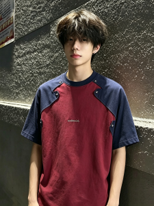 OUMULONG | Wine Red Stud Embroidered Color Blocking T-shirt