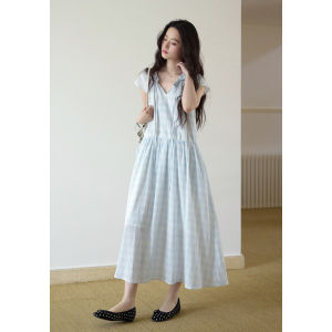 Amy wine house | Light Blue Gingham Lace Romantic Feeling Slim Waist Drawstring Womens Dress
