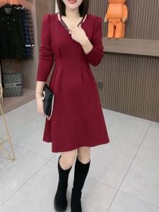 Fall Winter Long Sleeve V Neck Midi Dress Slimming Fashion Design Base Layer Skirt Womens Korean Style Polyester Fabric a Line Skirt
