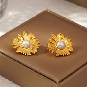 Kemstone Dramatic Irregular Sunflower Pearl Stud Earrings Trendy Stainless Steel Womens Statement Jewelry