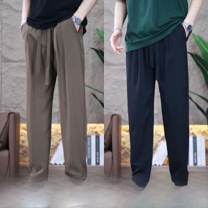 กางเกงลำลองชายผ้าไหมน้ำแข็ง กางเกงขายาวทรงตรง ระบายอากาศได้ดี สวมใส่สบาย แห้งเร็ว กางเกงขายาวลำลอง
