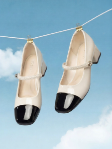 Josiny | Thick Heel Shallow Mouth Mary Jane Shoes for Women French Color Block Square Toe White