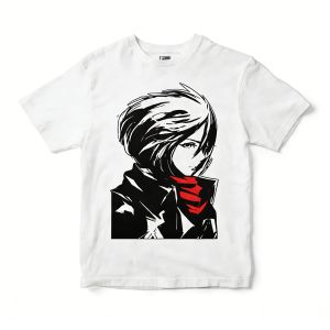 Bandai | Anime Mikasa Ackerman Attack on Titan Red Scarf Print Men T Shirt Men Sports T Shirt Men Short Sleeve T Shirt Cotton Top