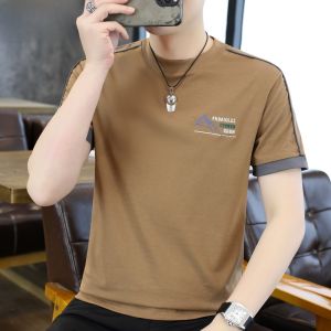 HENGYUANXIANG | Áo thun nam cổ tròn thêu tay ngắn mùa hè thường ngày cotton thoáng khí phong cách công sở thường ngày áo thun thể thao