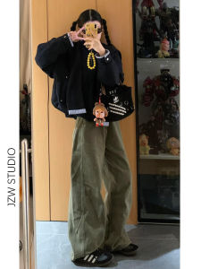 American Military Green Retro Straight Leg Jeans Womens Loose Slimming Drape Super Beautiful Extended Floor-Length Wide Leg Pants