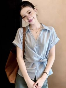 Áo Sơ Mi Cổ V Eo Dễm Tay Ngắn Kèm Ren