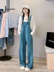 Adjustable Fashionable Loose Casual American Style Lake Blue Straight Leg Overalls Womens High Waist Jeans Spring 2025