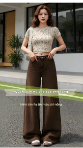 Quần Jeans Nữ Ống Rộng Baggy Cạp Cao Màu Đỏ Mận/Nâu Cacao Vintage Form Suông Dài Thời Trang Hàn Quốc