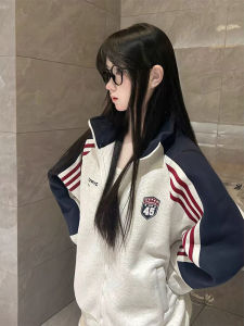 Retro Korean Style Striped Badge Letter Hoodie Jacket Womens Spring Autumn College Style Open Cardigan Jacket Top
