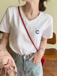 White V-Neck Loose Fit Pure Cotton Short Sleeve T-Shirt Womens European Style Spring Summer New Slimming Print Versatile Casual Top