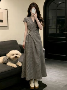 Ge·an·fei | Đầm Ngắn Tay Caro Phong Cách Retro Có Dây Kéo Tại Eo