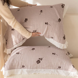 Rose Lace Pillowcases Set of Two Womens Pure Cotton Sweat Absorbent Breathable Full Cotton Pillow Towels Anti-Head Oil Home Use Soft