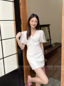 Sweet Waist-Cinching V-Neck Midi Dress Korean Style High Waist A-Line Skirt Suit Dress Short Sleeve Pure Color Commute Pattern