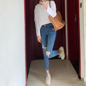 High Waist Stretchy Slim Fit Denim Jeans Womens Spring Summer New Hole Frayed Pencil Nine Points Pants Outerwear