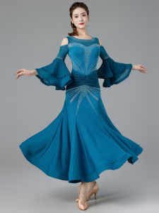 ชุดเต้นวัลซ์สไตล์โมเดิร์น ชุดการแสดงสำหรับแข่งขันระดับชาติ ชุดเต้นสังคม ชุดเดรสยาวคลุมเข่า ชุดเต้นรำสไตล์โมเดิร์นสำหรับผู้หญิง