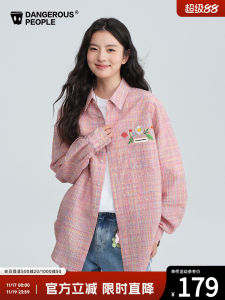 Dangerous People Long Sleeve Shirt Youth Trendy Bubble Cloth Plaid Embroidery Versatile Shirt Summer Season Casual Wear