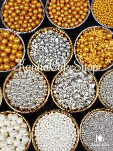 ลูกปัดน้ำตาลสีทอง ลูกปัดน้ำตาลเงิน ลูกปัดน้ำตาลดาวสีทอง ลูกปัดน้ำตาลรูปหัวใจสีขาว ลูกปัดน้ำตาลสีทองผสม 85 กรัม