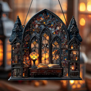 Halloween Gothic House Hanging Decor Acrylic Building Shape with Book & Lantern Design Window Pendant Art Wall Ornament for Home