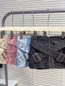 Fashionable Short Skirt for Girls PU Leather Cross Waist Belt Spring Summer New Style Street Style A-Line Skirt Half Body Skirt