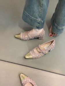 Shiny Sequin Mary Jane Shoes French Style Chunky Heel Medium High Heel Womens Shoes 2025 New Spring Autumn Seasonal Footwear
