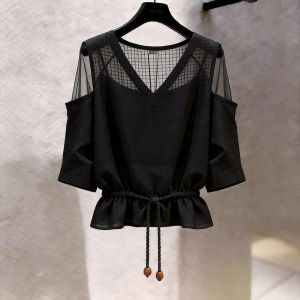 KUNAILIN | Stylish Office Black Off-shoulder V-neck Cinch Waist Shirt